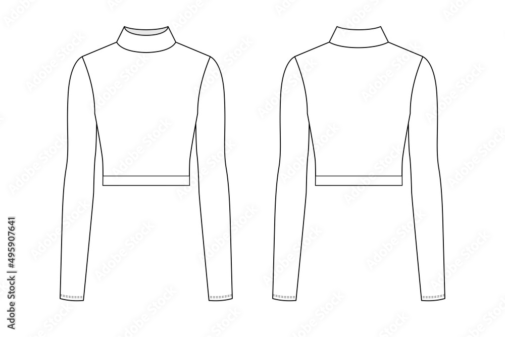 Turtleneck sweater technical fashion illustration with long raglan sleeves,  oversized, fingertip length, knit rib trim. flat | CanStock