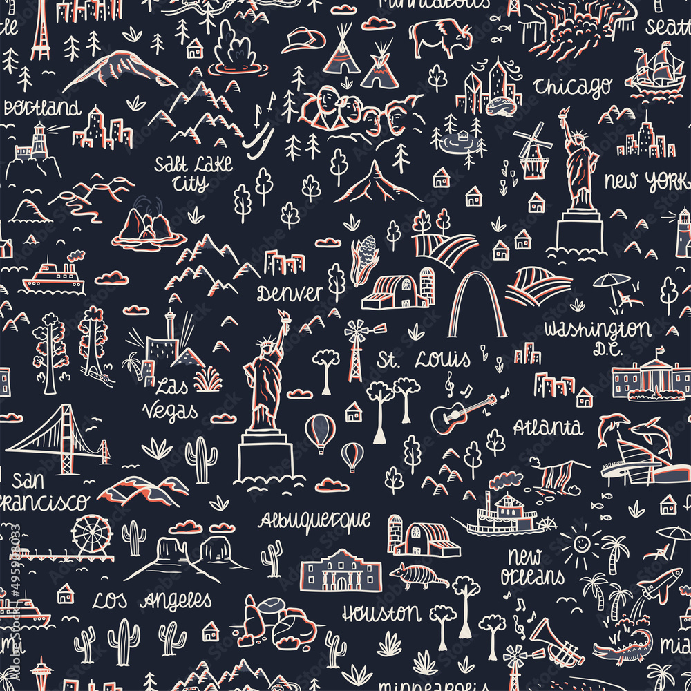 Lovely hand drawn usa seamless pattern with landmarks, national parks, cities and landscapes - great for textiles, wrapping, banners, wallpapers - vector design