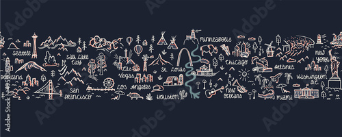 Lovely hand drawn usa seamless pattern with landmarks, national parks, cities and landscapes - great for textiles, wrapping, banners, wallpapers - vector design