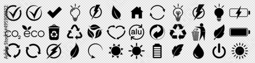 Black recycling icons vector set. Ecology icons set on transparent background. Packaging ecology symbols, product label signs. Nature icon. Eco icons. Vector EPS 10