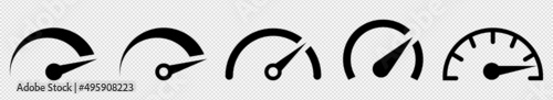 Speedometers set icons, tachometer icon. Speed indicator sign black color. Fast speed sign on transparent background. Vector illustration EPS 10