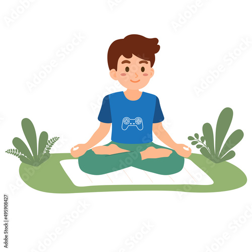 Diverse children practice yoga kids for meditation which good for health and wellness. Vector illustration for concept of meditating child.