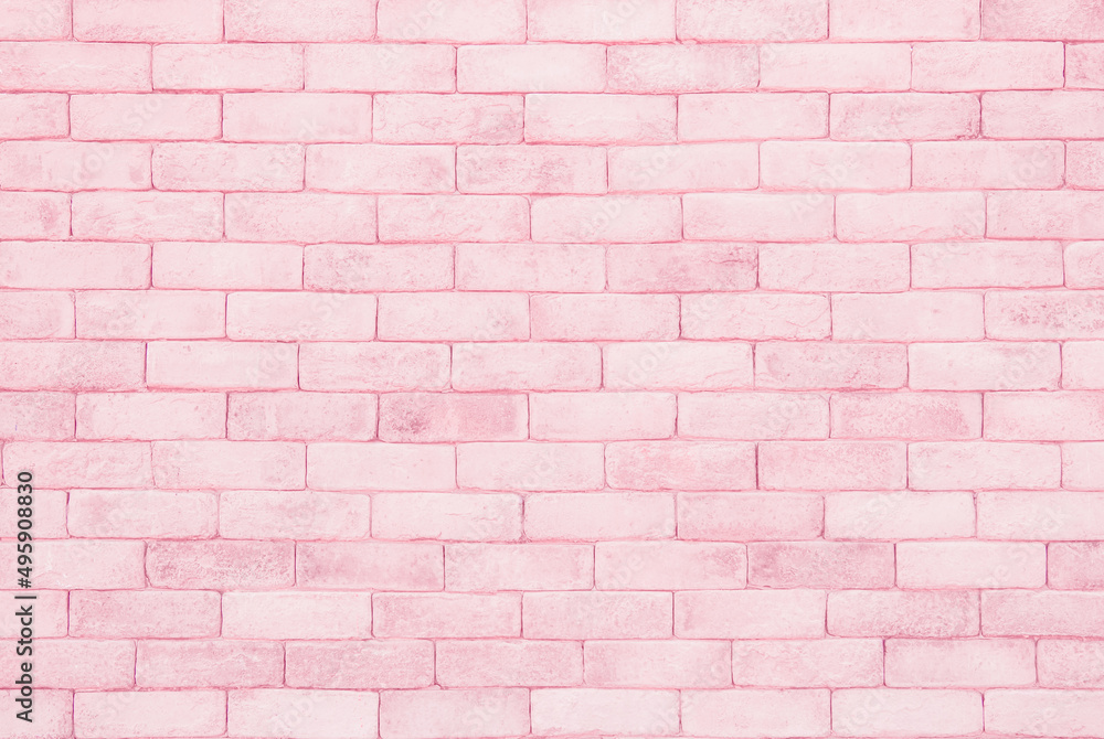Fototapeta premium Pastel pink and white brick wall texture background. Brickwork pattern stonework design stack. Home design backdrop decoration.