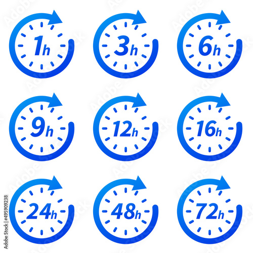 6, 12, 24, 48, 72 hours clock arrow. symbol work time, delivery and service time, isolated on white , vector icon Illustration