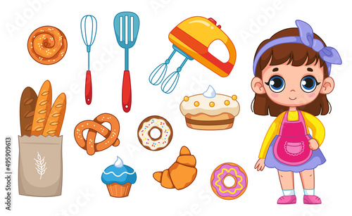 Baker or confectioner chef character set, baking and kitchen utensils. Mixer, cake, donuts, pastries and a cute little girl in a uniform and a white hat. Vector cartoon clipart isolate