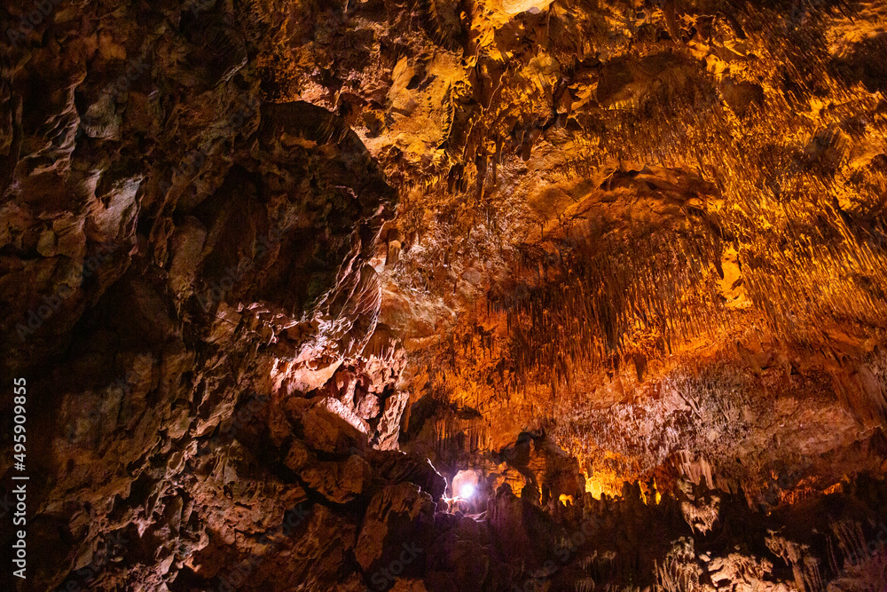 Beautiful view of stalactites and stalagmites in Damlatas underground cave, Alanya-Turkey. Cave dwellings and combinations of features. 