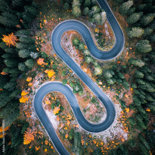 Top aerial view of famous Snake road near Passo Giau in Dolomite Alps. Winding mountains road in lush forest with orange larch trees and green spruce in autumn time. Dolomites, Italy © Ivan Kmit