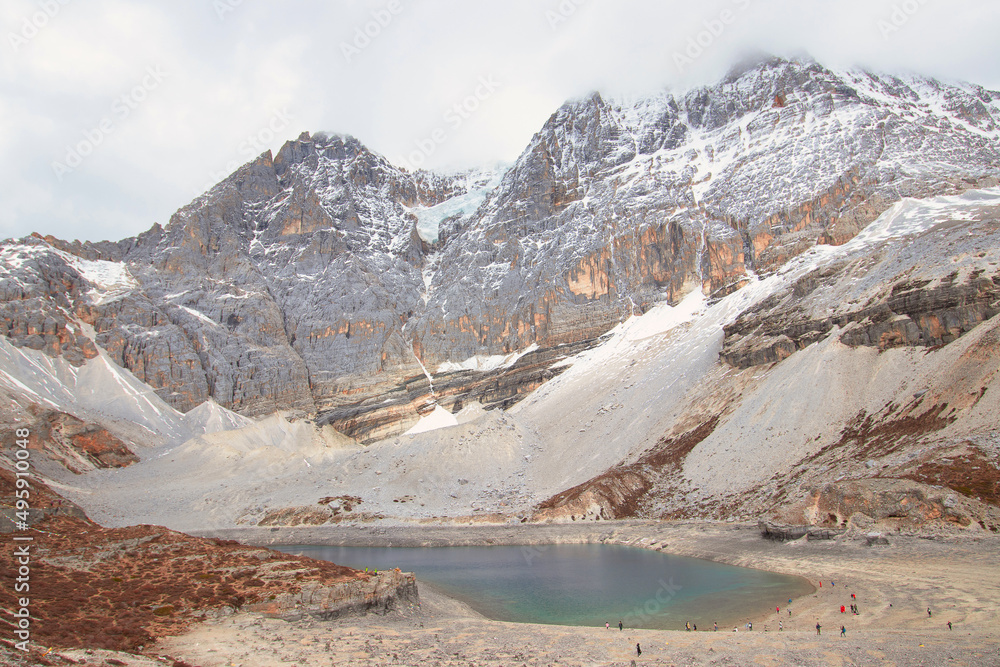 Yading National park, Daocheng,China. Nature landscape. Mountain landscape, Snow mountain, lake in the summer morning.