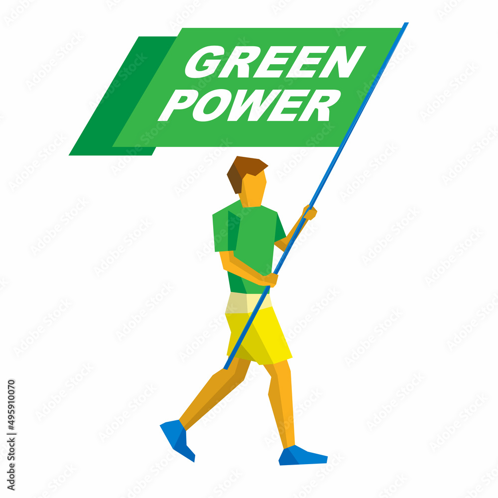 Flag bearer in green and yellow holding standard with words Green Power in two hands. Eco friendly energy concept. Flat athlete icon. Simple vector illustration. Flag bearer in green and yellow holding standard with words Green Power in two hands. Eco friendly energy concept. Flat athlete icon. Simple vector illustration.