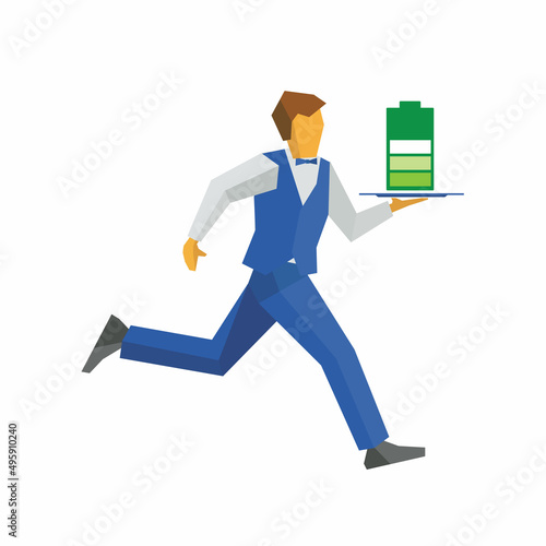 Waiter in blue vest and trousers runs with a big green battery. Funny green energy concept - eco friendly power. Simple flat style vector clip art.