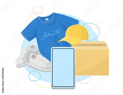 ファッションのモバイルサービス. メンズの衣類. オンラインショッピングの挿絵. 空白の液晶画面. 