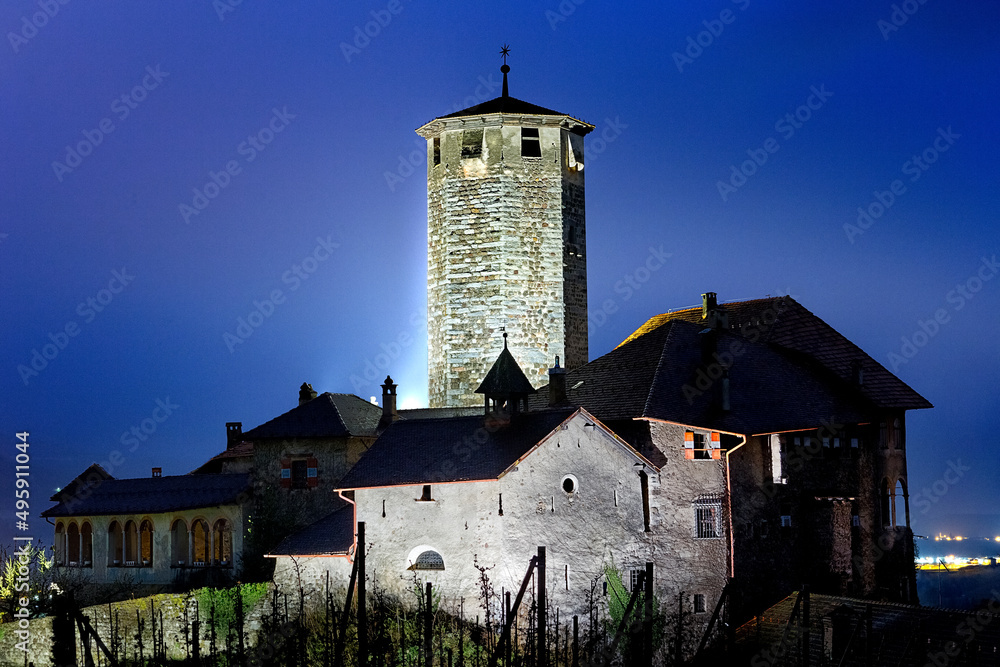 The medieval tower of Castel Valer is the highest in the province of Trento. Tassullo, Non Valley, Trento province, Trentino Alto-Adige, Italy, Europe.