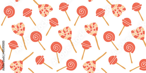 Vector pink lollipops seamless pattern. Cartoon retro red sweet candy background. © Diana