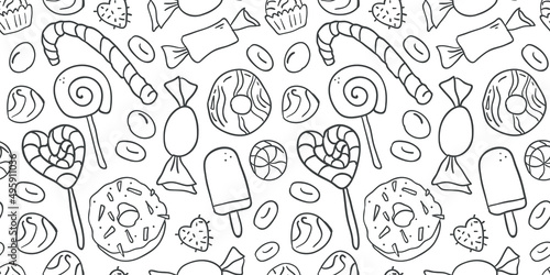Black and white seamless pattern with hand drawn outline candies.