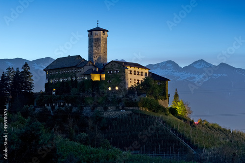 The medieval tower of Castel Valer is the highest in the province of Trento. Tassullo, Non Valley, Trento province, Trentino Alto-Adige, Italy, Europe.