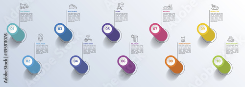 Infographic Spa Therapy icons vector illustration. 10 colored steps info template with editable text.