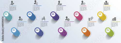 Infographic Company Management icons vector illustration. 10 colored steps info template with editable text.