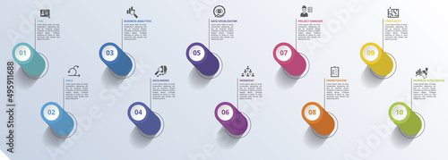 Infographic Business Intelligence icons vector illustration. 10 colored steps info template with editable text.