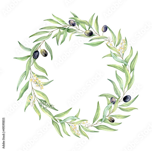 Watercolor greenery olive wreath  wedding invitation  logo design