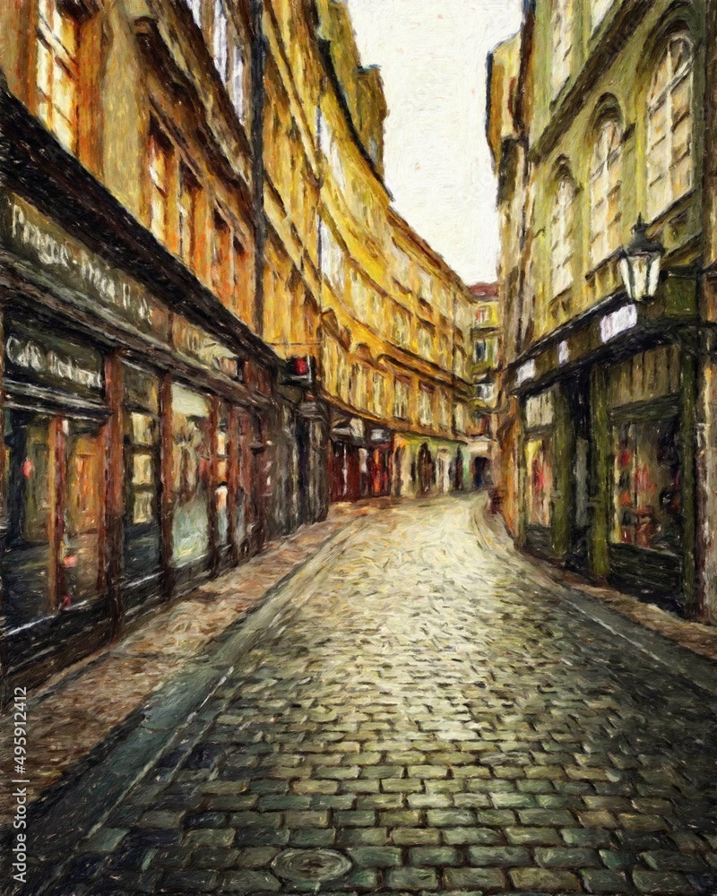 Fototapeta premium Digital painting modern artistic artwork, Prague Czechia, drawing in oil European famous old street view, beautiful old vintage houses, design print for canvas or paper poster, touristic production