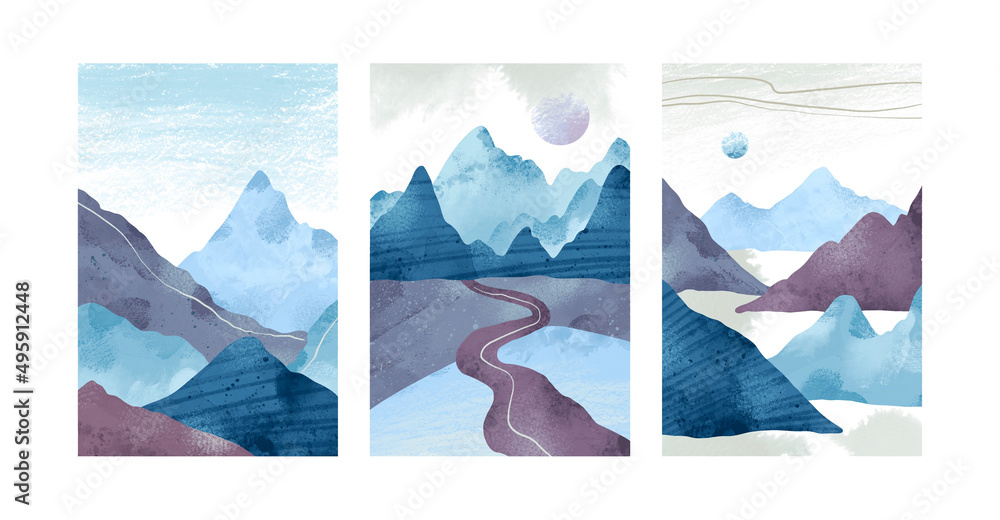 Abstract landscape background in scandinavian style. Abstract geometric mountain landscape poster. Set of trendy minimalist landscape contemporary collages. Good for cover, invitation, banner, card