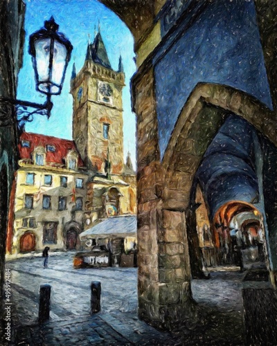Photography Digital painting modern artistic artwork, Prague Czechia, drawing in oil Europea