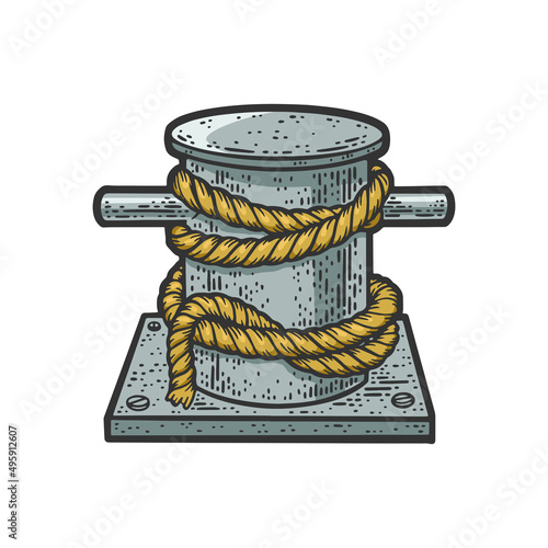 Mooring bollard bitt with rope color sketch engraving vector illustration. T-shirt apparel print design. Scratch board imitation. Black and white hand drawn image.