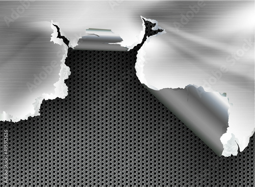 ragged Hole torn in ripped metal on steel background