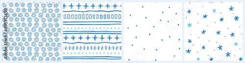 Tiny blue flowers on white background. Ditsy seamless pattern set with coordinating dot and line designs for farmhouse style porcelain mug print or bedding textile.