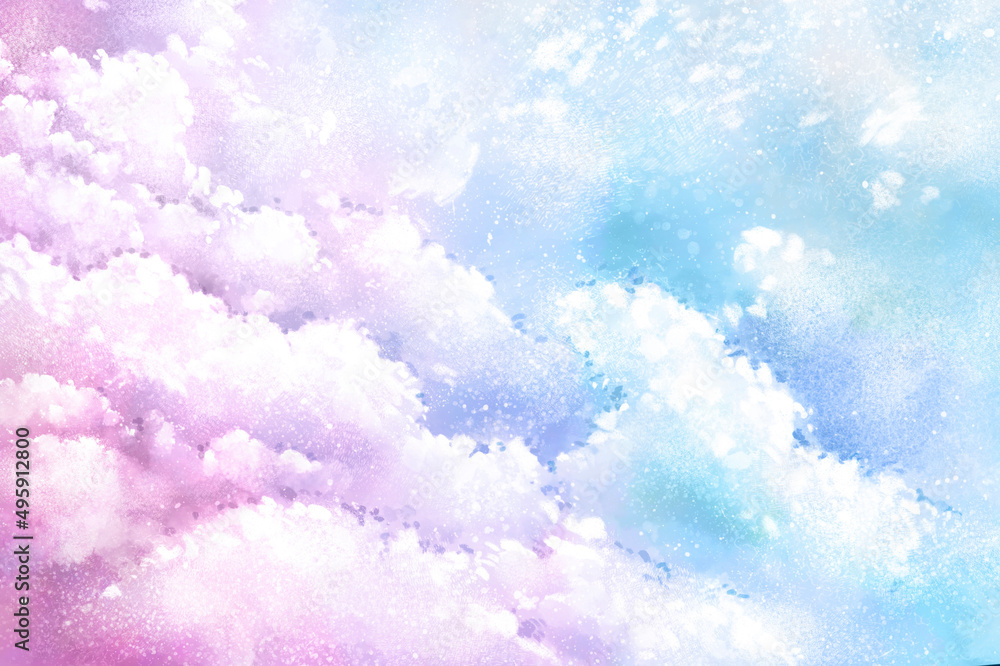 Fototapeta premium Watercolor sky of pastel delicate shades. Clouds in the sky. Mint and pink sky. Hand painted watercolor. Pastel sky