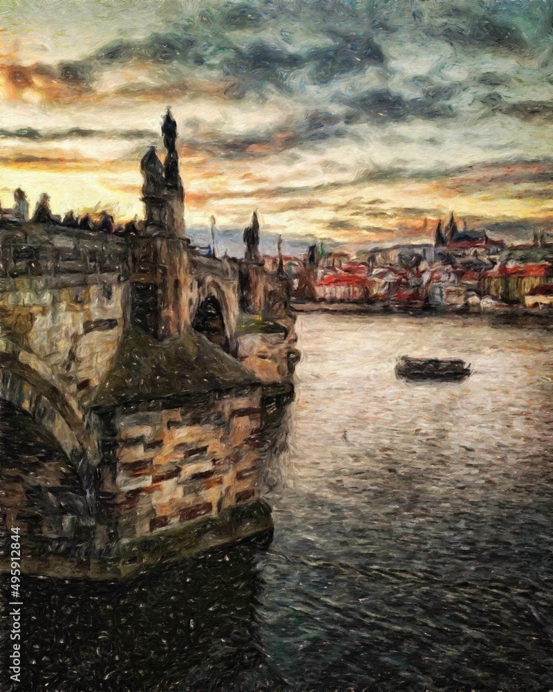 Fototapeta premium Digital painting modern artistic artwork, Prague Czechia, drawing in oil European famous old street view, beautiful old vintage houses, design print for canvas or paper poster, touristic production