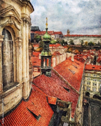Canvas Print Digital painting modern artistic artwork, Prague Czechia, drawing in oil Europea