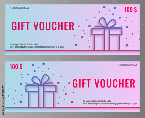 Set of lgift voucher with a present box. Vector template with a blue/pink background for gift card, coupon and certificate.