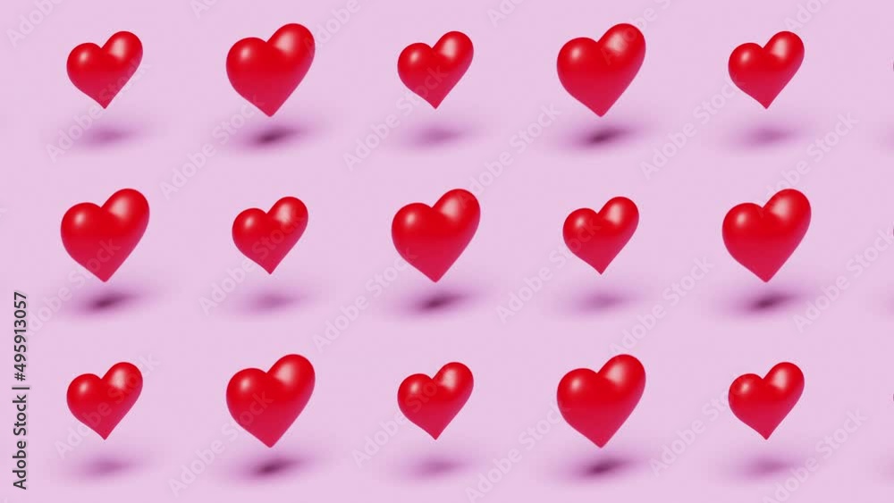 Red beating hearts hovering over pink background. 3d animation Red beating hearts hovering over pink background. 3d animation