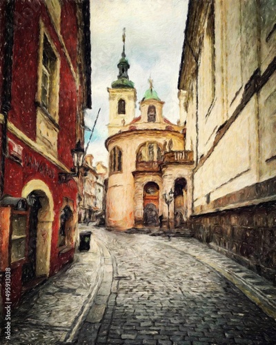 Digital painting modern artistic artwork, Prague Czechia, drawing in oil European famous old street view, beautiful old vintage houses, design print for canvas or paper poster, touristic production © Mashkhurbek