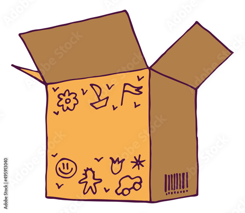 Open cardboard box with childish drawing. Kid stuff package icon