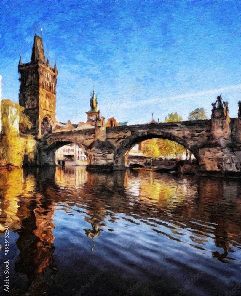 Fototapeta premium Digital painting modern artistic artwork, Prague Czechia, drawing in oil European famous old street view, beautiful old vintage houses, design print for canvas or paper poster, touristic production