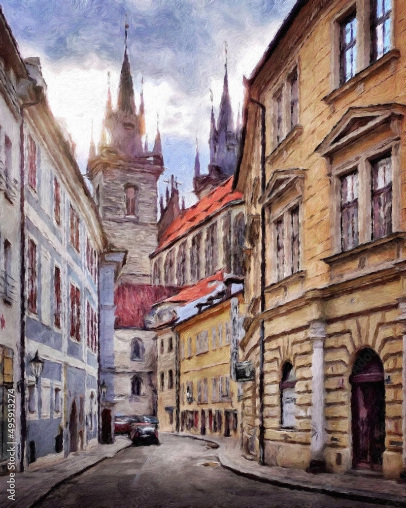 Fototapeta premium Digital painting modern artistic artwork, Prague Czechia, drawing in oil European famous old street view, beautiful old vintage houses, design print for canvas or paper poster, touristic production
