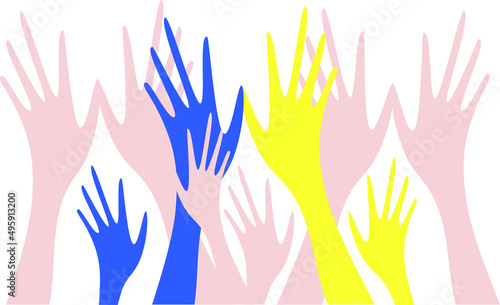 Human palms are raised up. Hands with fair skin and hands of yellow and blue colors. Themes of nationality and volunteerism. Help and choices.
