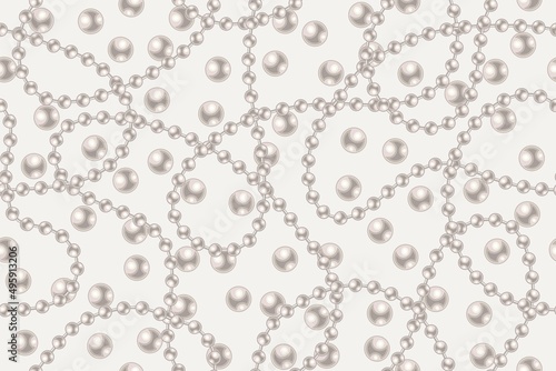 Seamless pattern with large white pearl beads, strings of pearls on light background. Wavy lines, classic pastel color of pearls. Vector illustration