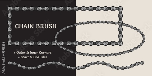 Bike chain pattern brush with corners, end and start tiles. Metallic gray color. For vintage design of logo, emblem, symbol, sign, badge, label, stamp. Isolated on white and black background