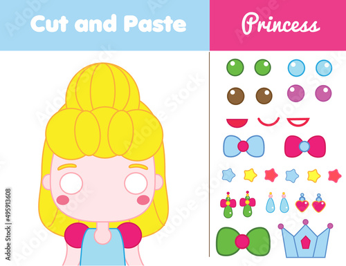 Cut and paste children educational game. Paper cutting activity. Decorate a princess face with glue and scissors. DIY worksheet