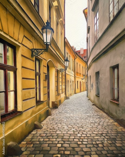 Digital painting modern artistic artwork, Prague Czechia, drawing in oil European famous old street view, beautiful old vintage houses, design print for canvas or paper poster, touristic production