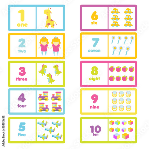 Count from one to ten. Cartoon toys and numbers. Educational learning cards for children, kids, toddlers.
