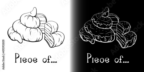 Piece of poo line art. Pile of poo or a cake with a piece of shit or cake cut off. Line art in different versions on white and black backgrounds.