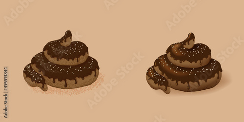 Pile of poo chocolate. Pile of poo in chocolate glaze sprinkled sesame on beige background. Different styles of drawing vector version of pile of feces.
