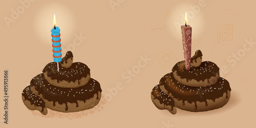 Pile of poo cyan and brown candles. Pile of poo in chocolate glaze sprinkled sesame with cyan and brown decorated holiday candles burning on beige background.