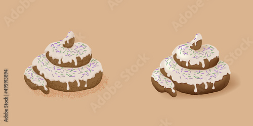 Pile of poo glaze. Pile of poo in glaze with purple and green sprinkles on beige background. Different styles of drawn vector version of pile of feces.