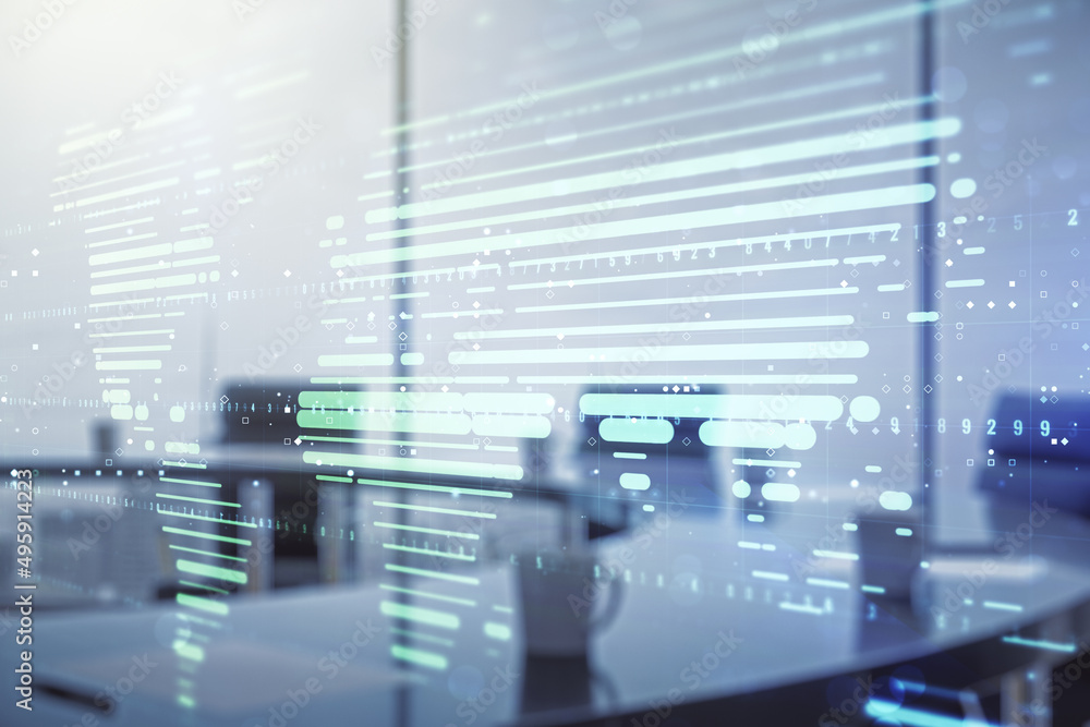 Multi exposure of abstract creative digital world map hologram on a modern meeting room background, research and analytics concept Multi exposure of abstract creative digital world map hologram on a modern meeting room background, research and analytics concept