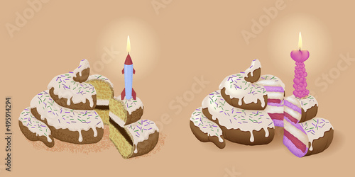 Poo cake rocket and heart candles. Poop cake in glaze with purple and green sprinkles with a cut off piece. Appetizing layered filling with cream, chocolate, soufflé and nougat in biscuit. 